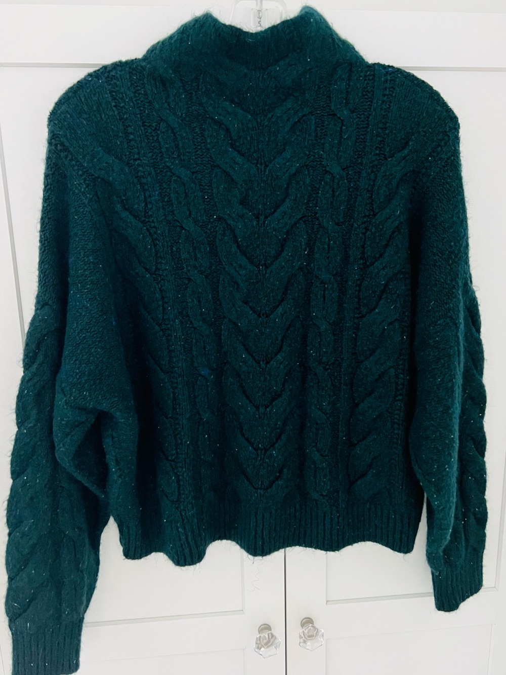 POINT SUR J CREW Cable Knit Mock Neck Sweater Pullover Green Deep Teal Sz Small - Picture 2 of 7